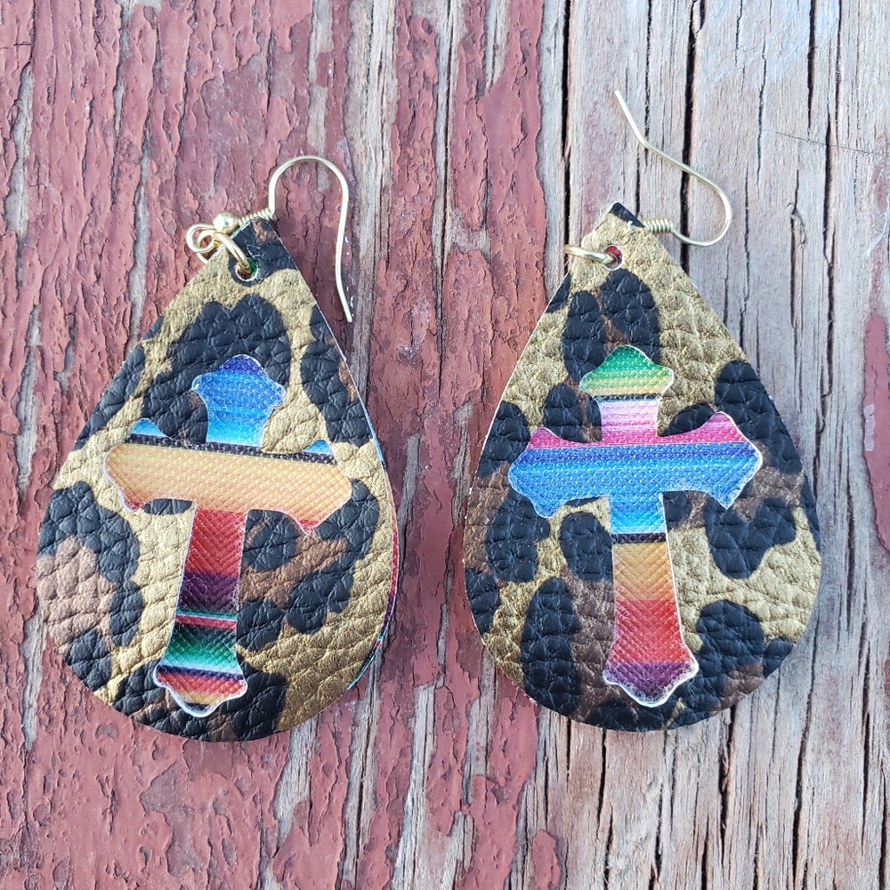 Cheetah and serape cross faux leather earrings
